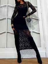 Lace Round Neck Long Sleeve Midi Dress OutfitFlow